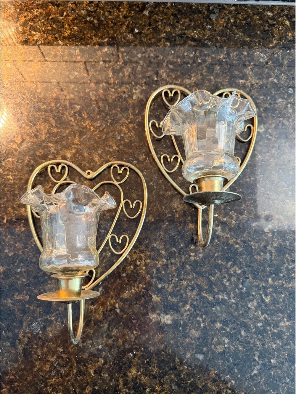 Vintage Brass Heart Wall Sconce Set with Glass Hurricane Shades | Cottagecore